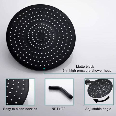 Matte Black High Pressure Shower System With 9 Inch Round Shower Head And 3 Handle Wall Mounted Faucet, Rough-In Valve Included
