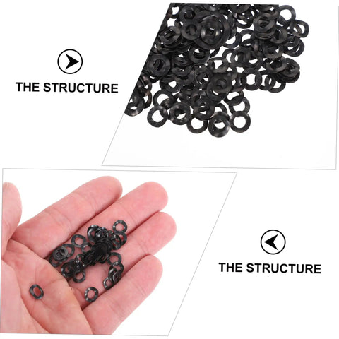500 Piece Spring Wave Washer Set With Three Wave Sizes In Assorted Metal Washers For Screws And Bolts, Built For Tight Fit Space Saving Axial Spacing And Electrical Connections In Household Appliances Automotive And Marine Projects., black wave washers in hand