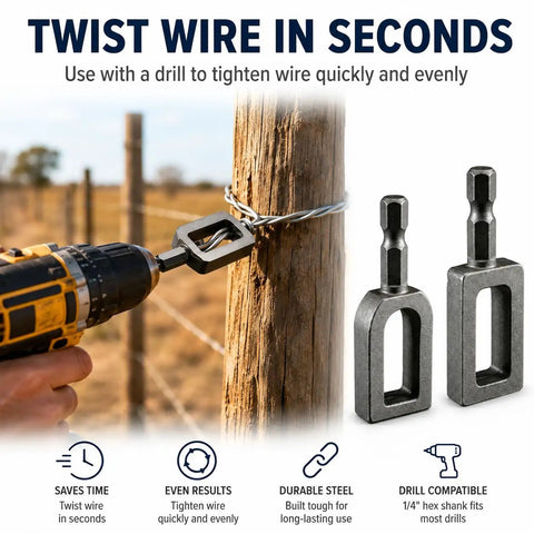 Heavy Duty Electric Drill Wire Twisting Tool With 1/4 Inch Hex Shank for fast fencing rebar tying, shown with a drill.