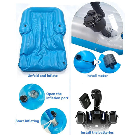 Dual Motor Joystick Pool Lounger With Built In Water Spray Blaster setup instructions and components overview.