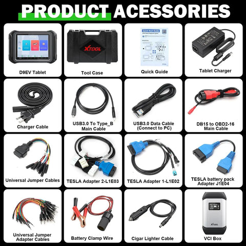 Premium EV And Hybrid Diagnostic Scanner For High Voltage Systems And Offline Battery Pack Tests With Bi Directional Controls Plus Forty Six Rapid Service Resets To Knock Out Check Engine Lights Fast accessory components including cables and adapters.