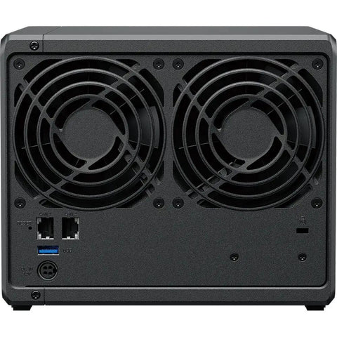 Heavy Duty Quad Bay Nas Server With Intel Celeron Six Gigs Ram Thirty Two Tb Storage Plus One Tb Nvme Cache Boost rear view with ventilation fans.