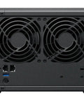Back view of Slick Dual Port Personal Nas Enclosure Packed With A Beefy Celeron Chipset, showcasing dual cooling fans and port connections.