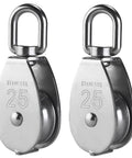 Two Pack Swivel Cable Pulley Block Set, 304 stainless steel wheels for lifting and hanging systems, supports up to 330 pounds