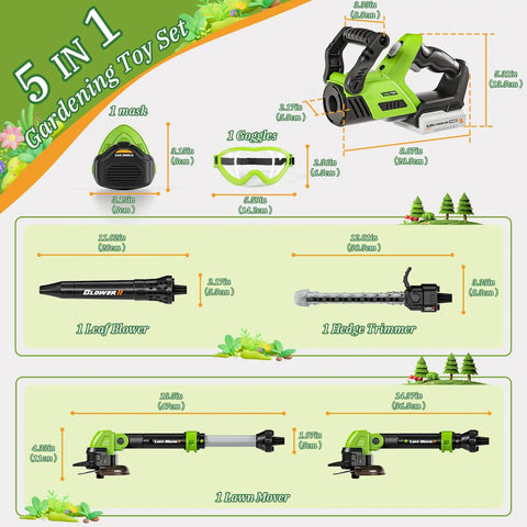 5 in 1 gardening toy set including lawn mower, leaf blower, hedge trimmer, mask, and goggles with measurements shown