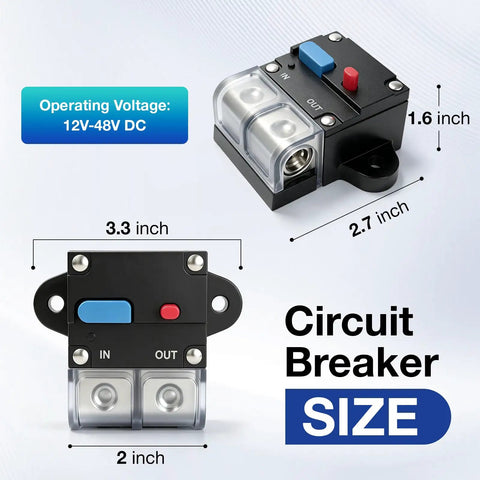 Heavy Duty 50 Amp Circuit Breaker With Manual Reset Switch 12 To 48 Volt Dc Overload Protection Battery Disconnect Switch with size details
