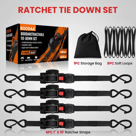 Heavy Duty Retractable Ratchet Straps 1 Inch By 10 Foot 4 Pack 1650 Lb Breaking Strength Rust Resistant Cargo Tie Downs Bad Boy Gear image with storage bag and soft loops.