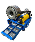 Straight Up Heavy Duty Handheld Hydraulic Hose Crimping Machine With Eight Precision Dies For High Pressure Lines and No Nonsense Garage Repairs Built Damn Tough For Crews, showing crimping tool with dies.