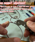 Eyeglass Frame Adjustment Kit With 3 In 1 Screwdriver Tool For DIY Glasses Repair Curvature Bender Temple Arms And Nose Pads Adjuster Tighten Loose Frames At Home In A Jiffy being used to adjust nose pads on eyeglasses.