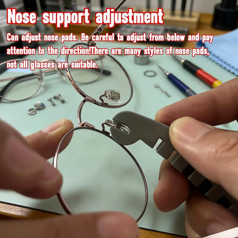 Eyeglass Frame Adjustment Kit With 3 In 1 Screwdriver Tool For DIY Glasses Repair Curvature Bender Temple Arms And Nose Pads Adjuster Tighten Loose Frames At Home In A Jiffy being used to adjust nose pads on eyeglasses.