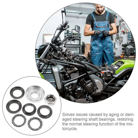 Mechanic working on a dirt bike with parts from 7 Pack Mini Dirt Bike Steering Shaft Bearings Kit for Off Road Rides.
