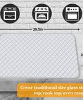 Quilted Stove Top Cover Protector For Glass Ceramic Cooktops, showing size of 28.5 x 20.5 inches, white quilted design.