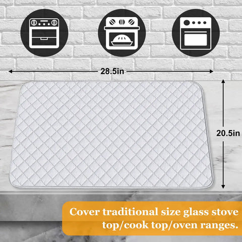 Quilted Stove Top Cover Protector For Glass Ceramic Cooktops, showing size of 28.5 x 20.5 inches, white quilted design.