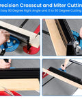 Top Shelf Table Saw Miter Gauge With Dead On Micro Adjustable Flip Stop, Extended Track Fence, Quick Angle Lock, Killer Precision For Woodworking Crosscuts And Joinery in action, showing miter cuts.