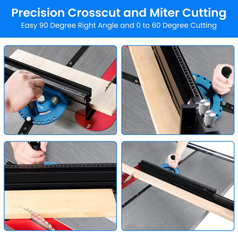 Top Shelf Table Saw Miter Gauge With Dead On Micro Adjustable Flip Stop, Extended Track Fence, Quick Angle Lock, Killer Precision For Woodworking Crosscuts And Joinery in action, showing miter cuts.