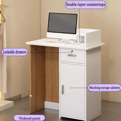 Close-up of No Drama Adjustable Standing Desk With Slick Reception Counter For Offices showing lockable drawers and thick panels.