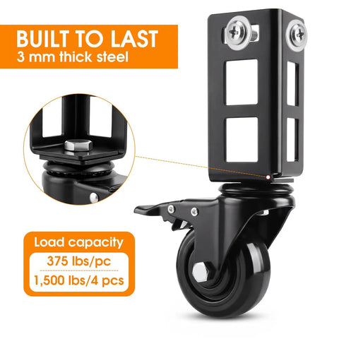 8 Pack 3 Inch Heavy Duty Caster Wheels With Beefy 3mm Steel Brackets 3000 Lbs Capacity For Storage Rack close-up of durable black wheel with 375 lbs load capacity.