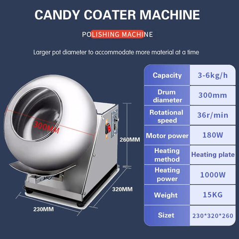 Hella Effective Candy Coating Machine And Chocolate Polisher with 300mm drum, 180W motor, stainless steel for sweets.