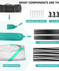 Components of 11x11 Ft Screen House With Mesh Net Tent Canopy Shelter Gazebo, including poles, stakes, and carrying bag.
