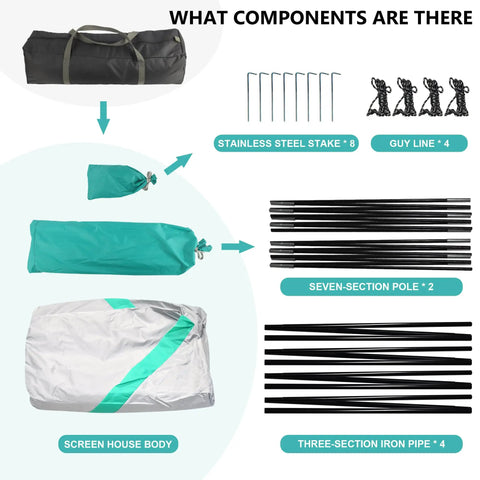 Components of 11x11 Ft Screen House With Mesh Net Tent Canopy Shelter Gazebo, including poles, stakes, and carrying bag.