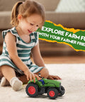 Child playing with Remote Control Tractor Toy for Kids 3 to 5, RC Tractor With Lights and Farmer, 1 to 24 Scale, showing fun and interaction.