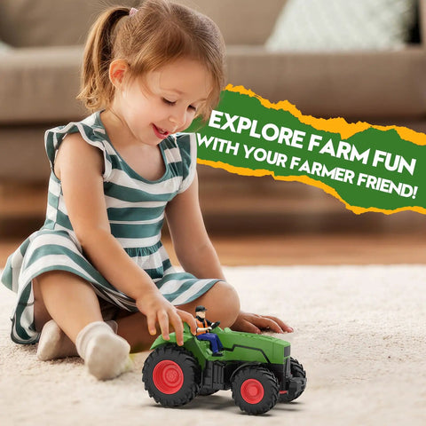 Child playing with Remote Control Tractor Toy for Kids 3 to 5, RC Tractor With Lights and Farmer, 1 to 24 Scale, showing fun and interaction.
