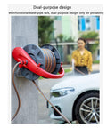 Slick Wall Mounted Garden Hose Reel Holder Featuring Expandable Metal Build And Zero Hassle Watering Cart For Outdoor Spraying Or Car Washing, red design with 10m hose.