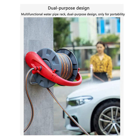 Slick Wall Mounted Garden Hose Reel Holder Featuring Expandable Metal Build And Zero Hassle Watering Cart For Outdoor Spraying Or Car Washing, red design with 10m hose.
