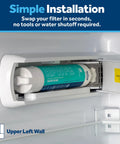 Close-up of an RPWFE Refrigerator Water Filter inserted in a refrigerator compartment, showcasing simple installation.