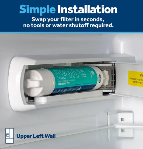 Close-up of an RPWFE Refrigerator Water Filter inserted in a refrigerator compartment, showcasing simple installation.