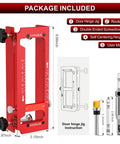 Pro Grade Aluminum Door Hinge Jig and Adjustable Mortise Router Template with included tools and dimensions for precise mortising.