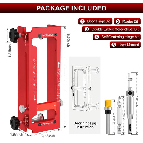 Pro Grade Aluminum Door Hinge Jig and Adjustable Mortise Router Template with included tools and dimensions for precise mortising.