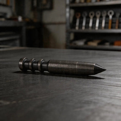 Heavy Duty Center Punch Locator For Metal Drilling high hardness spot punch tool resting on a metal surface, showing sharp tip.