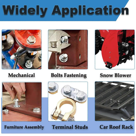 Applications of Beefed-Up 1/4x1-1/2 Inch Hex Bolts Kit With 20 Nuts, 20 Flat Washers, And 20 Spring Washers In 304 Stainless Steel