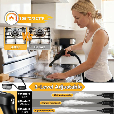 2500W Portable Handheld Steam Cleaner Delivers Powerful 160C Hot Steam In Just 15 Seconds For Quick Carpet And Floor Cleaning With Adjustable Pressure Settings And Smart Leak Proof Design For Effortless Deep Cleaning Results in kitchen, showing before and after cleaning.
