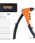 Rivet Gun Kit With 200 Blind Rivets, Heavy Duty Single Hand Riveter, 4 Interchangeable Nosepieces, 4 Drill Bits, Carrying Case, Manual Riveting Tool For Metal, Automotive And Home Projects, orange with case and accessories