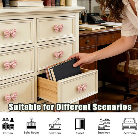 Woman opening dresser with Pink Bow Drawer Knobs 10 Pack Bow Tie Shaped Zinc Alloy Vintage Style Dope Furniture Pulls