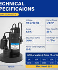 Technical specifications for Beast Submersible Sump Pump For Clean And Dirty Water With Automatic Float Switch, 3040 GPH, 1/3 HP