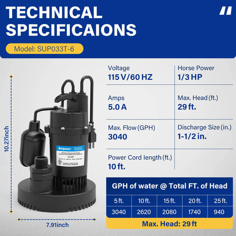Technical specifications for Beast Submersible Sump Pump For Clean And Dirty Water With Automatic Float Switch, 3040 GPH, 1/3 HP