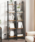Rustic Brown Ladder Shelf Corner Bookcase Industrial Style Freestanding Multipurpose Display Rack For Books Plants And Cozy Home Setup With Heavy Duty Frame with books and plants