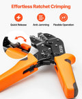 No Sweat Ratcheting Wire Crimper Pliers For 24 To 12 AWG Terminals With Quick Release And Clear Metric Markings, showing quick release and ergonomic handle.