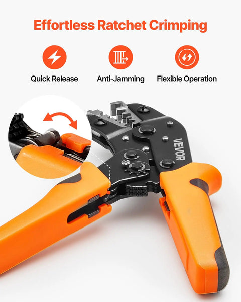 No Sweat Ratcheting Wire Crimper Pliers For 24 To 12 AWG Terminals With Quick Release And Clear Metric Markings, showing quick release and ergonomic handle.