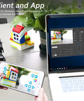 Freenove Mecanum wheel robot car kit for Raspberry Pi, front view showing phone app control and laptop display