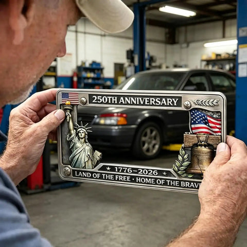 Man holding 250th Anniversary Patriotic License Plate Frame Celebrating 1776 To 2026 With USA Flag Design Fits Standard US Plates