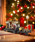 Full Metal Steam Engine Kit With Boiler 85 Piece DIY Assembly Stationary Model Includes Steam Generator And Lamp Scene Display Realistic Power Plant Style Build For Gearheads And Gift Givers on a table