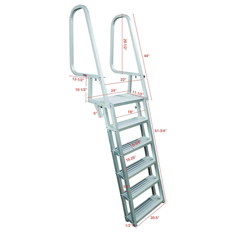 Deluxe Flip Up Dock Ladder 6 Step For Boats And Piers Marine Grade Aluminum With Stainless Hardware Folds Upright To Prevent Damage And Debris, dimensioned side view