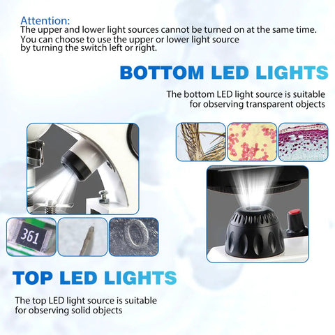 Close-up of Compound Monocular Microscope Kit 40X-2000X With Slides Set And Phone Adapter showing top and bottom LED light features
