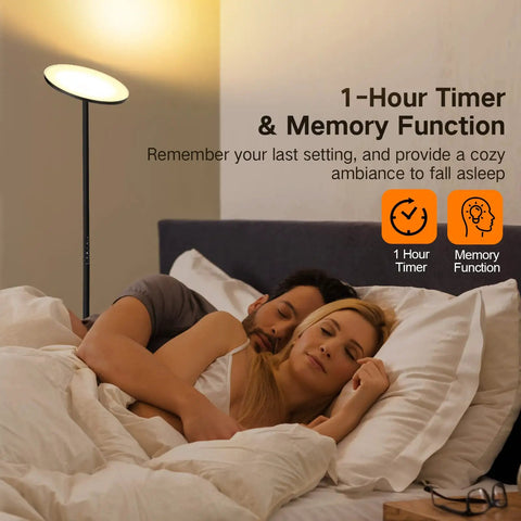 Bright LED Floor Lamp 30W 3000LM Torchiere Standing Lamp providing warm light in a cozy bedroom with couple asleep