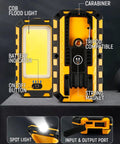 Rechargeable Magnetic LED Work Light 40W 1500 Lumens With Hanging Hook Four Lighting Modes For Job Site Lighting Car Repair Camping Hunting And Hurricane Emergency Prep Orange showing front and back views with USB and magnet visible.