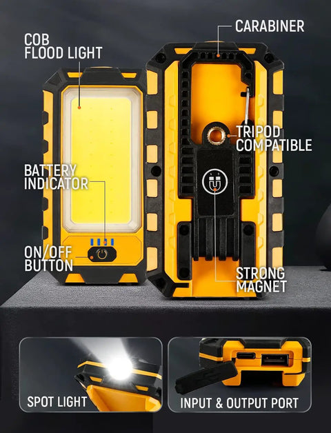 Rechargeable Magnetic LED Work Light 40W 1500 Lumens With Hanging Hook Four Lighting Modes For Job Site Lighting Car Repair Camping Hunting And Hurricane Emergency Prep Orange showing front and back views with USB and magnet visible.